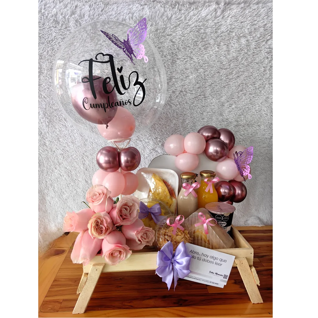 desayuno sorpresa premium con rosas y globo burbuja a domicilio en Pereira, Dosquebradas y Armenia