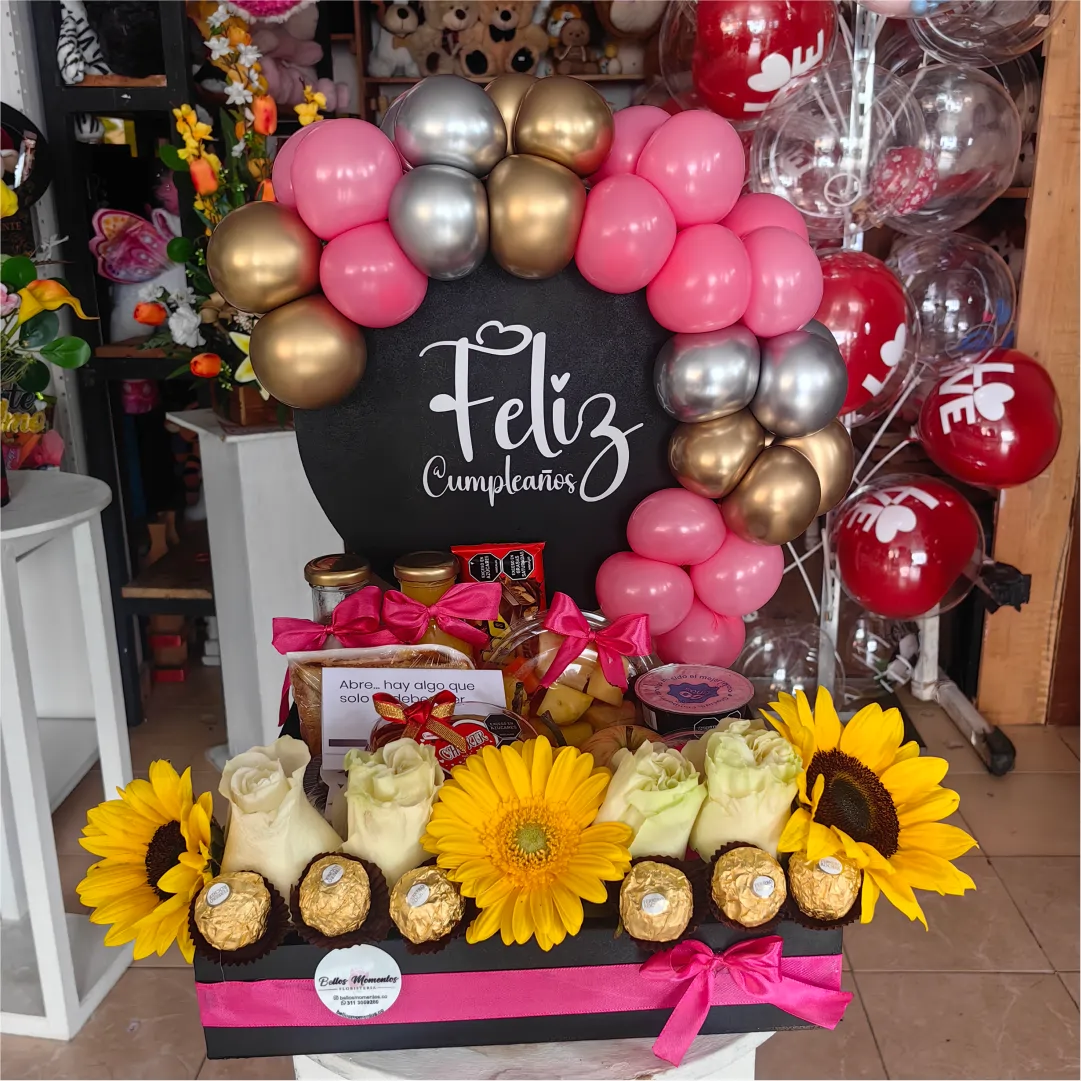 desayuno sorpresa premium con flores, chocolates y globo burbuja para cumpleaños