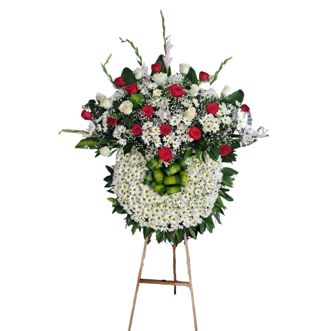 Corona Floral De Condolencias Con Flores Blancas Y Rosas Rojas