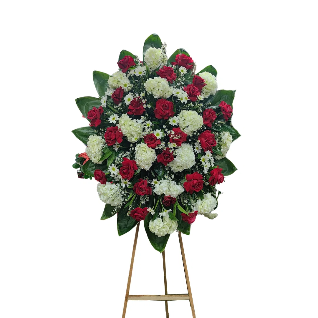 Arreglo Fúnebre Con Rosas Rojas Y Flores Blancas En Atril
