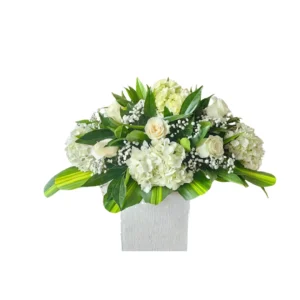 Cenizario Fúnebre Blanco Con Hortensias Y Rosas Blancas